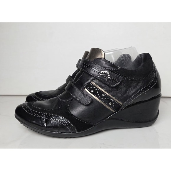 Geox Respira Sz 10 Leather  Sneakers Wedged Heel Womens Black D1387B‎ - Picture 3 of 15